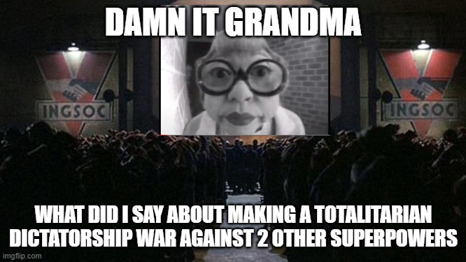 has this happened to you? | DAMN IT GRANDMA; WHAT DID I SAY ABOUT MAKING A TOTALITARIAN DICTATORSHIP WAR AGAINST 2 OTHER SUPERPOWERS | image tagged in 1984 | made w/ Imgflip meme maker