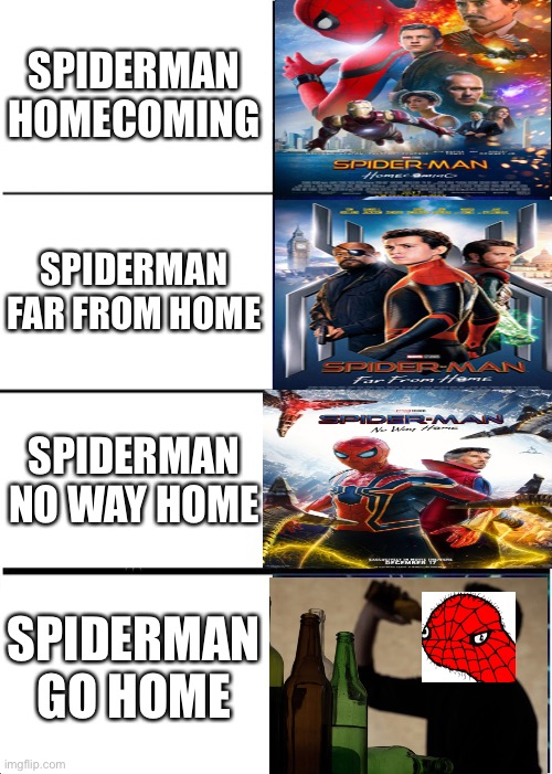 Spiderman Movies | SPIDERMAN HOMECOMING; SPIDERMAN FAR FROM HOME; SPIDERMAN NO WAY HOME; SPIDERMAN GO HOME | image tagged in memes,expanding brain,expanding spider marvel movies,funny spiderman memes | made w/ Imgflip meme maker