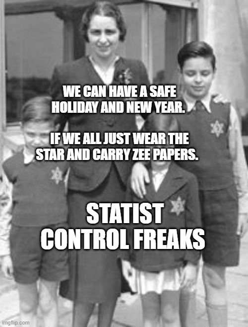 Jewish badges | WE CAN HAVE A SAFE HOLIDAY AND NEW YEAR.                        IF WE ALL JUST WEAR THE STAR AND CARRY ZEE PAPERS. STATIST CONTROL FREAKS | image tagged in jewish badges | made w/ Imgflip meme maker