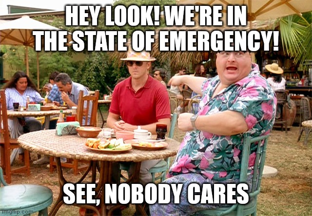 Dodgson | HEY LOOK! WE'RE IN THE STATE OF EMERGENCY! SEE, NOBODY CARES | image tagged in dodgson | made w/ Imgflip meme maker