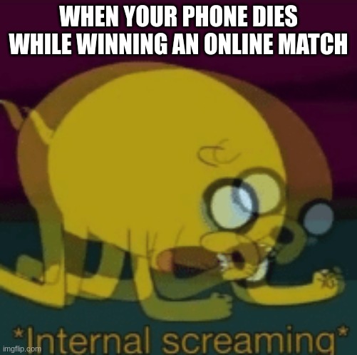 The fun will never end! |  WHEN YOUR PHONE DIES WHILE WINNING AN ONLINE MATCH | image tagged in jake the dog internal screaming | made w/ Imgflip meme maker