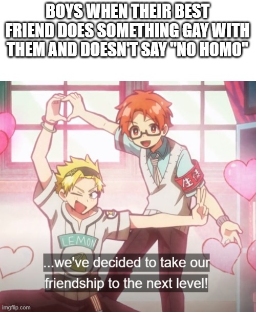 BOYS WHEN THEIR BEST FRIEND DOES SOMETHING GAY WITH THEM AND DOESN'T SAY "NO HOMO" | made w/ Imgflip meme maker