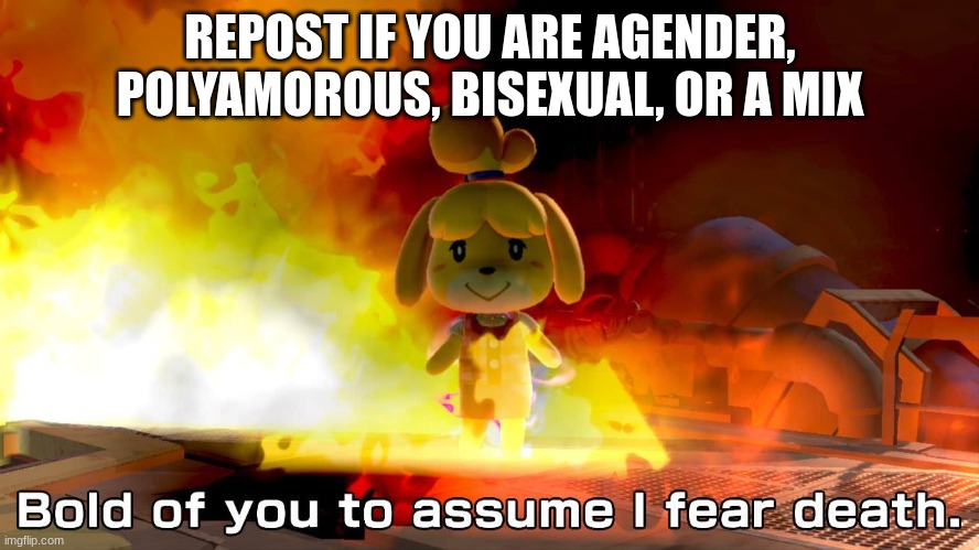 bold of you to assume i fear d e a t h | REPOST IF YOU ARE AGENDER, POLYAMOROUS, BISEXUAL, OR A MIX | image tagged in bold of you to assume i fear d e a t h | made w/ Imgflip meme maker