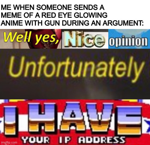 ME WHEN SOMEONE SENDS A MEME OF A RED EYE GLOWING ANIME WITH GUN DURING AN ARGUMENT: | image tagged in well yes nice opinion unfortunately i have your ip address | made w/ Imgflip meme maker
