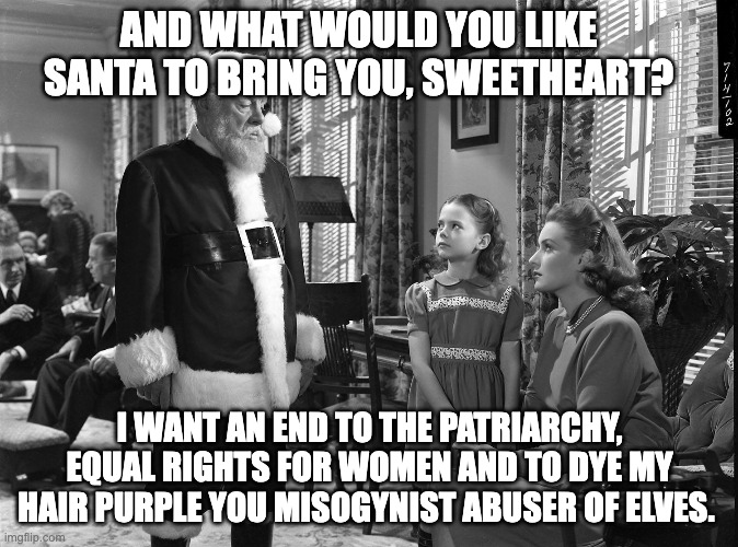 Santa gets an answer | AND WHAT WOULD YOU LIKE SANTA TO BRING YOU, SWEETHEART? I WANT AN END TO THE PATRIARCHY, EQUAL RIGHTS FOR WOMEN AND TO DYE MY HAIR PURPLE YOU MISOGYNIST ABUSER OF ELVES. | image tagged in dear santa | made w/ Imgflip meme maker