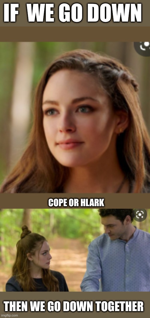 Hope Mikelson Meme | IF  WE GO DOWN; COPE OR HLARK; THEN WE GO DOWN TOGETHER | image tagged in tv show | made w/ Imgflip meme maker