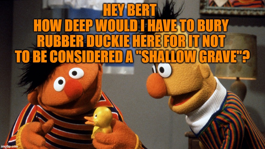 Ernie and Bert discuss Rubber Duckie | HEY BERT  
HOW DEEP WOULD I HAVE TO BURY 
RUBBER DUCKIE HERE FOR IT NOT 
TO BE CONSIDERED A "SHALLOW GRAVE"? | image tagged in ernie and bert discuss rubber duckie | made w/ Imgflip meme maker