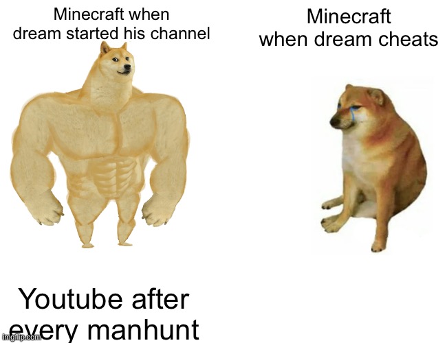 Buff Doge vs. Cheems | Minecraft when dream started his channel; Minecraft when dream cheats; Youtube after every manhunt | image tagged in memes,buff doge vs cheems | made w/ Imgflip meme maker