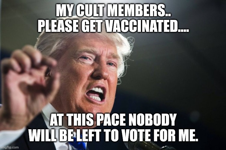 Booster trump | MY CULT MEMBERS.. PLEASE GET VACCINATED.... AT THIS PACE NOBODY WILL BE LEFT TO VOTE FOR ME. | image tagged in trump,covid,covidiots,trump supporter,republican,liberal | made w/ Imgflip meme maker