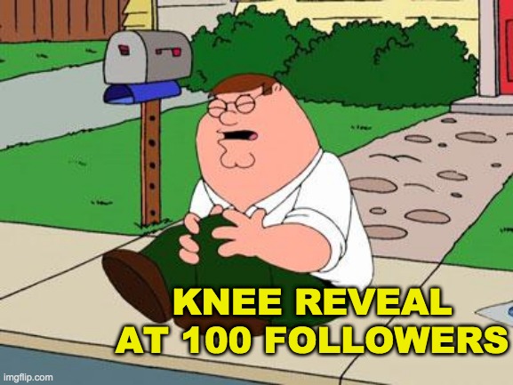 I know you all wanna see it | KNEE REVEAL AT 100 FOLLOWERS | image tagged in family guy knee,memes,unfunny | made w/ Imgflip meme maker