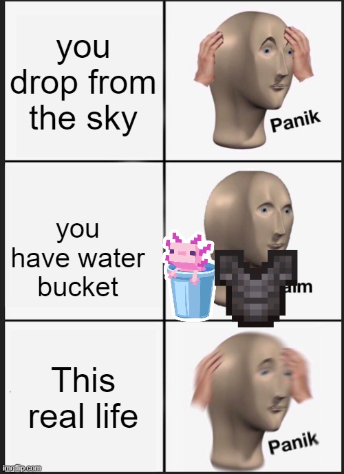 Panik Kalm Panik Meme | you drop from the sky; you have water bucket; This real life | image tagged in memes,panik kalm panik | made w/ Imgflip meme maker