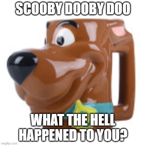 scoob mug | SCOOBY DOOBY DOO; WHAT THE HELL HAPPENED TO YOU? | image tagged in scooby doo | made w/ Imgflip meme maker