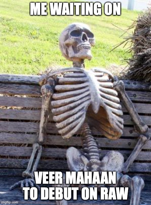Veer Mahaan | ME WAITING ON; VEER MAHAAN TO DEBUT ON RAW | image tagged in memes,waiting skeleton,wrestling,veermahaan,wwe | made w/ Imgflip meme maker