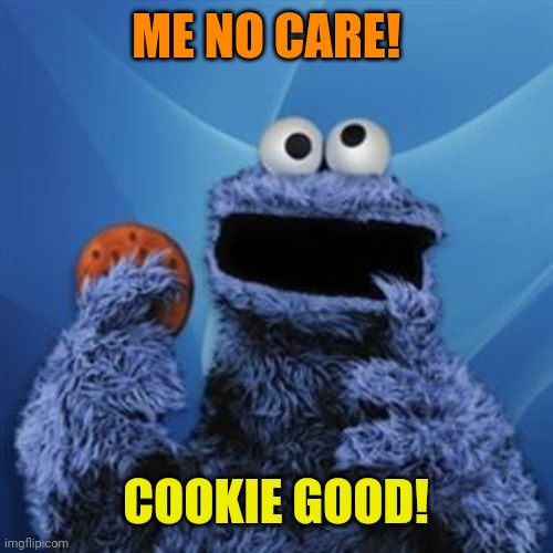 cookie monster | ME NO CARE! COOKIE GOOD! | image tagged in cookie monster | made w/ Imgflip meme maker