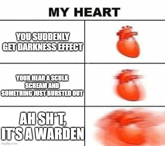 Minecraft meme | YOU SUDDENLY GET DARKNESS EFFECT; YOUR HEAR A SCULK SCREAM AND SOMETHING JUST BURSTED OUT; AH SH*T, IT'S A WARDEN | image tagged in my heart blank | made w/ Imgflip meme maker