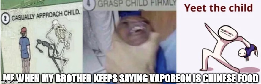 yeet the child | ME WHEN MY BROTHER KEEPS SAYING VAPOREON IS CHINESE FOOD | image tagged in casually approach child grasp child firmly yeet the child | made w/ Imgflip meme maker