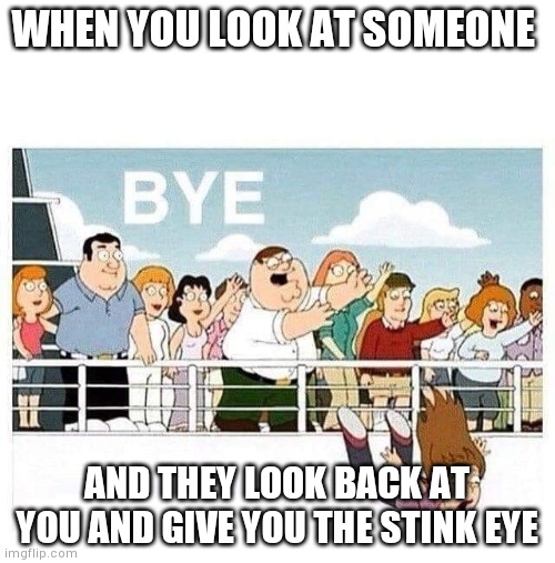 bye | WHEN YOU LOOK AT SOMEONE; AND THEY LOOK BACK AT YOU AND GIVE YOU THE STINK EYE | image tagged in bye | made w/ Imgflip meme maker