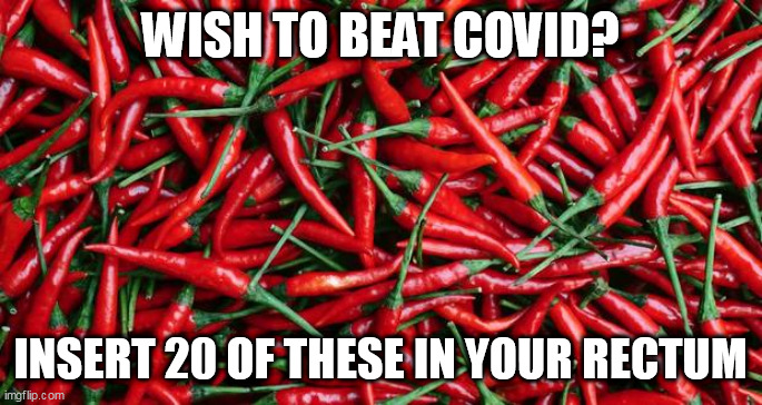 Spicy | WISH TO BEAT COVID? INSERT 20 OF THESE IN YOUR RECTUM | image tagged in spicy | made w/ Imgflip meme maker
