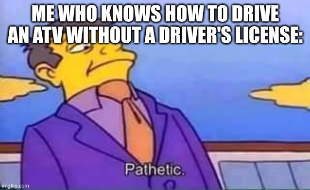 skinner pathetic | ME WHO KNOWS HOW TO DRIVE AN ATV WITHOUT A DRIVER'S LICENSE: | image tagged in skinner pathetic | made w/ Imgflip meme maker