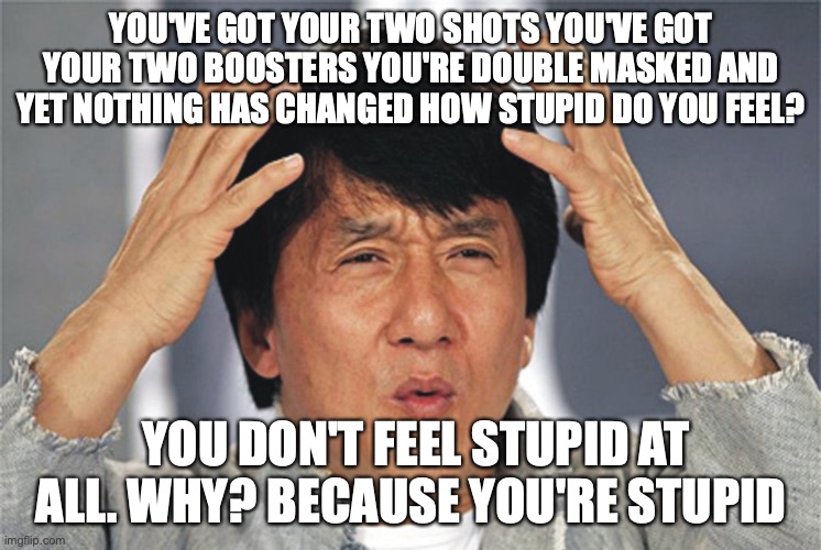 Feel Stupid Yet | YOU'VE GOT YOUR TWO SHOTS YOU'VE GOT YOUR TWO BOOSTERS YOU'RE DOUBLE MASKED AND YET NOTHING HAS CHANGED HOW STUPID DO YOU FEEL? YOU DON'T FEEL STUPID AT ALL. WHY? BECAUSE YOU'RE STUPID | image tagged in jackie chan confused | made w/ Imgflip meme maker