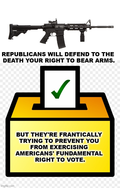 Now we know what Republicans are afraid of. | BUT THEY'RE FRANTICALLY 
TRYING TO PREVENT YOU 
FROM EXERCISING 
AMERICANS' FUNDAMENTAL 
RIGHT TO VOTE. REPUBLICANS WILL DEFEND TO THE 
DEATH YOUR RIGHT TO BEAR ARMS. | image tagged in ballot box color yellow,republicans,love,guns,hate,democracy | made w/ Imgflip meme maker