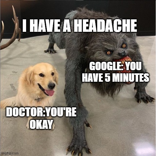 Google is scary | I HAVE A HEADACHE; GOOGLE: YOU HAVE 5 MINUTES; DOCTOR:YOU'RE OKAY | image tagged in dog vs werewolf | made w/ Imgflip meme maker