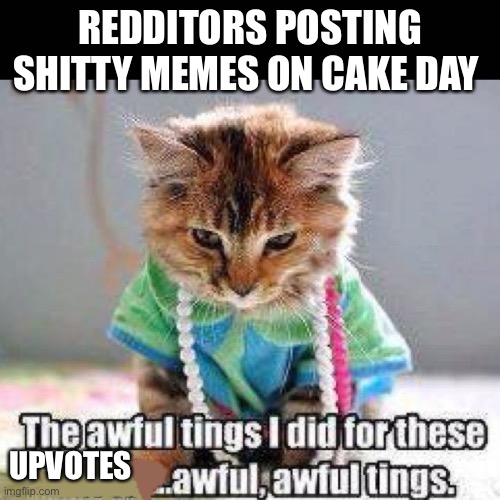 Shameless cake day remorse | REDDITORS POSTING SHITTY MEMES ON CAKE DAY; UPVOTES | image tagged in mardi gras bead regrets | made w/ Imgflip meme maker