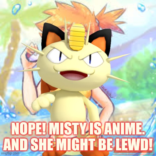 Nope! | NOPE! MISTY IS ANIME. AND SHE MIGHT BE LEWD! | image tagged in meowth,misty,pokemon,anime,is too lewd | made w/ Imgflip meme maker
