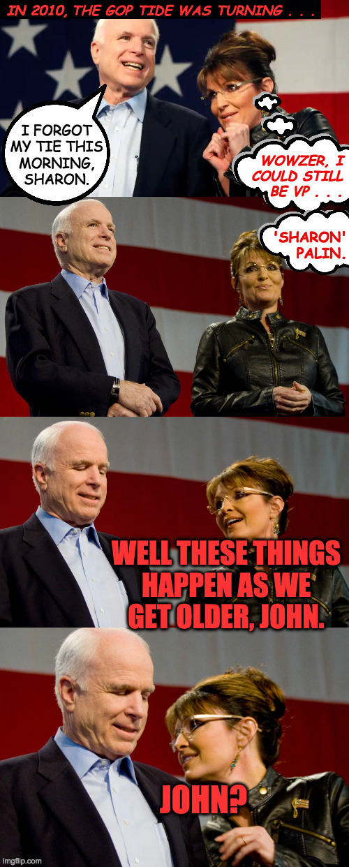 From 'A Brief History of the Republican Collapse' | IN 2010, WOWZER, I
COULD STILL
BE VP . . . | image tagged in memes,john mccain,sarah palin,republican collapse,naptime,the way we were | made w/ Imgflip meme maker