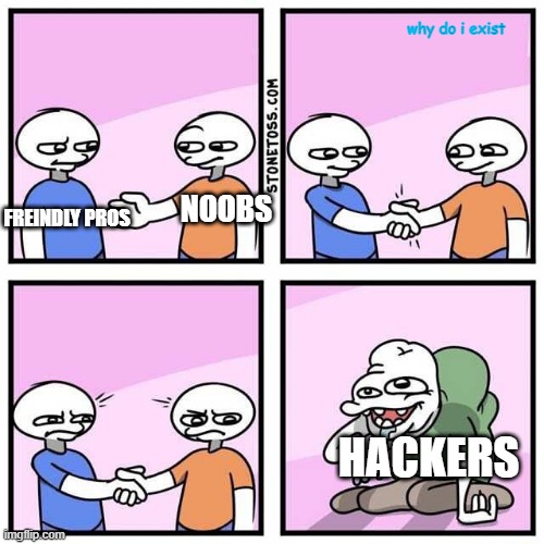 Handshake | why do i exist; NOOBS; FREINDLY PROS; HACKERS | image tagged in handshake | made w/ Imgflip meme maker