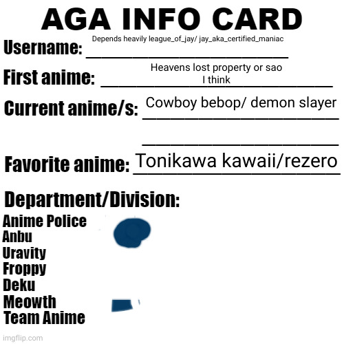 Wait this one is flawed I'll make a new one | Depends heavily league_of_jay/ jay_aka_certified_maniac; Heavens lost property or sao
I think; Cowboy bebop/ demon slayer; Tonikawa kawaii/rezero | image tagged in aga info card | made w/ Imgflip meme maker