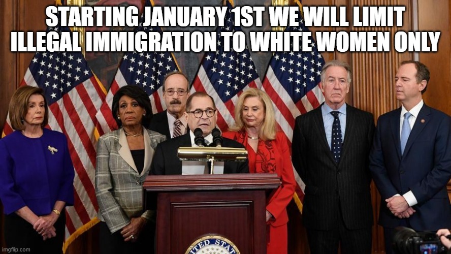 House Democrats | STARTING JANUARY 1ST WE WILL LIMIT ILLEGAL IMMIGRATION TO WHITE WOMEN ONLY | image tagged in house democrats | made w/ Imgflip meme maker