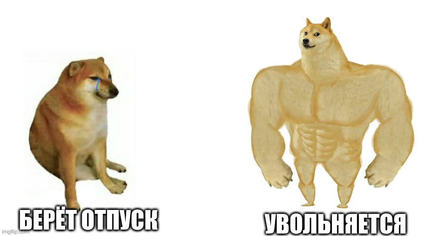 weak doge strong doge | БЕРЁТ ОТПУСК; УВОЛЬНЯЕТСЯ | image tagged in weak doge strong doge | made w/ Imgflip meme maker