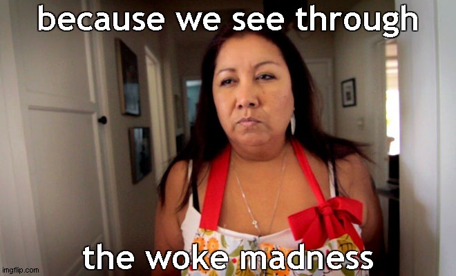 Hispanic Mom | because we see through the woke madness | image tagged in hispanic mom | made w/ Imgflip meme maker