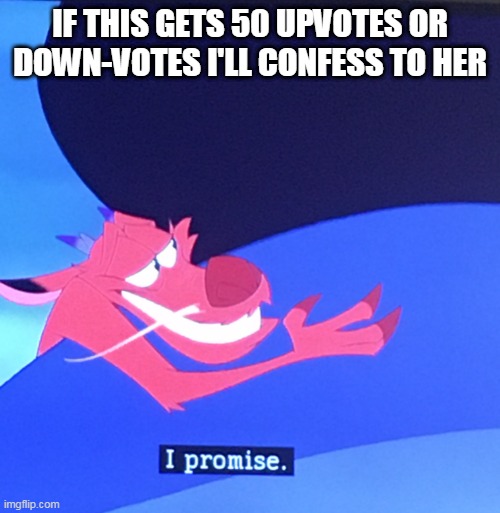 I promise | IF THIS GETS 50 UPVOTES OR DOWN-VOTES I'LL CONFESS TO HER | image tagged in i promise | made w/ Imgflip meme maker