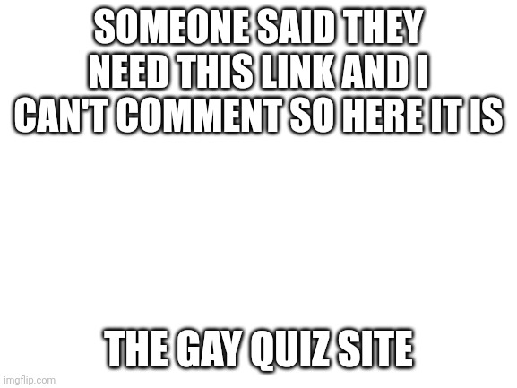 https://quiztest.me/en/search?keyword=LGBTQ | SOMEONE SAID THEY NEED THIS LINK AND I CAN'T COMMENT SO HERE IT IS; THE GAY QUIZ SITE | image tagged in blank white template | made w/ Imgflip meme maker