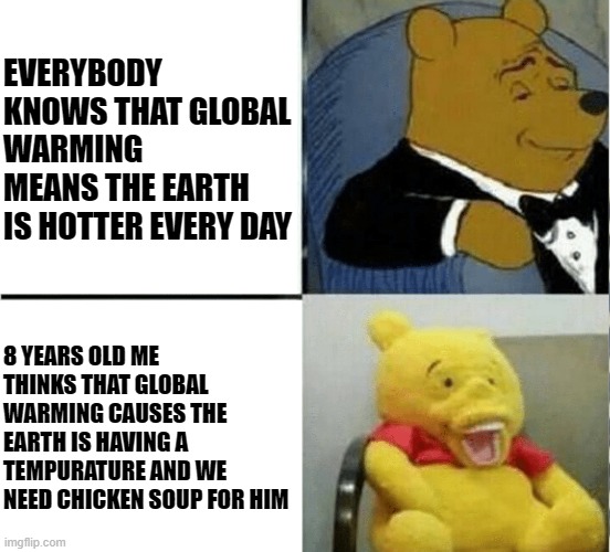 my smartness is a lie | EVERYBODY KNOWS THAT GLOBAL WARMING MEANS THE EARTH IS HOTTER EVERY DAY; 8 YEARS OLD ME THINKS THAT GLOBAL WARMING CAUSES THE EARTH IS HAVING A TEMPURATURE AND WE NEED CHICKEN SOUP FOR HIM | image tagged in winnie the pooh rich to poor | made w/ Imgflip meme maker