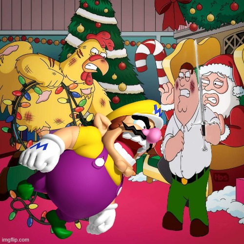 wario dies by peter griffin and ernie the giant chicken while he trys to kill santa.mp3 | image tagged in wario,wario dies,santa,merry christmas,family guy,memes | made w/ Imgflip meme maker