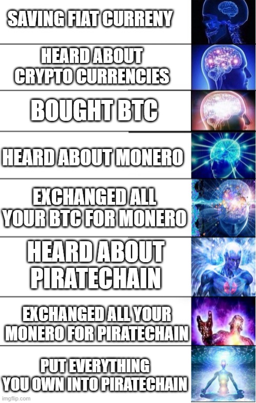 ARRR | SAVING FIAT CURRENY; HEARD ABOUT CRYPTO CURRENCIES; BOUGHT BTC; HEARD ABOUT MONERO; EXCHANGED ALL YOUR BTC FOR MONERO; HEARD ABOUT PIRATECHAIN; EXCHANGED ALL YOUR MONERO FOR PIRATECHAIN; PUT EVERYTHING YOU OWN INTO PIRATECHAIN | image tagged in expand brain 8 | made w/ Imgflip meme maker