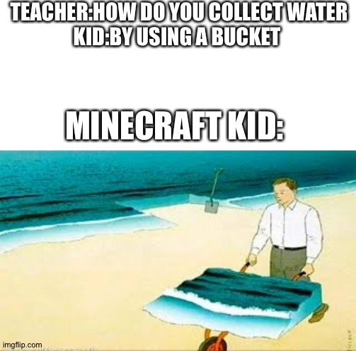 Minecraft logic be like: | TEACHER:HOW DO YOU COLLECT WATER
KID:BY USING A BUCKET; MINECRAFT KID: | image tagged in minecraft,memes | made w/ Imgflip meme maker