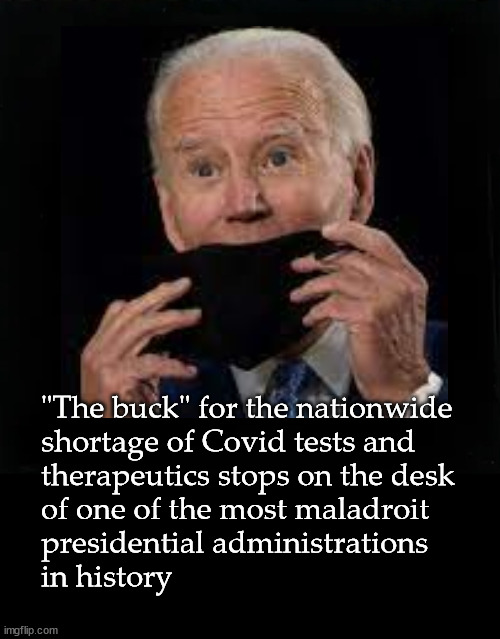 The buck stops here.  Not | "The buck" for the nationwide
shortage of Covid tests and 
therapeutics stops on the desk
of one of the most maladroit 
presidential administrations
in history | image tagged in covid-19,biden administration | made w/ Imgflip meme maker