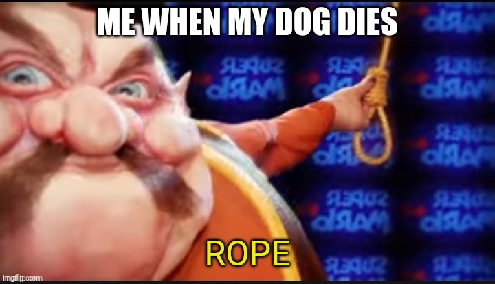 goodbye world | ME WHEN MY DOG DIES | image tagged in rtx on morshu rope,dark humor | made w/ Imgflip meme maker