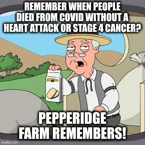 Every death is its own tragedy, but Omicron is essentially the common cold | REMEMBER WHEN PEOPLE DIED FROM COVID WITHOUT A HEART ATTACK OR STAGE 4 CANCER? PEPPERIDGE FARM REMEMBERS! | image tagged in memes,pepperidge farm remembers,coronavirus,covid-19,omicron,deaths | made w/ Imgflip meme maker