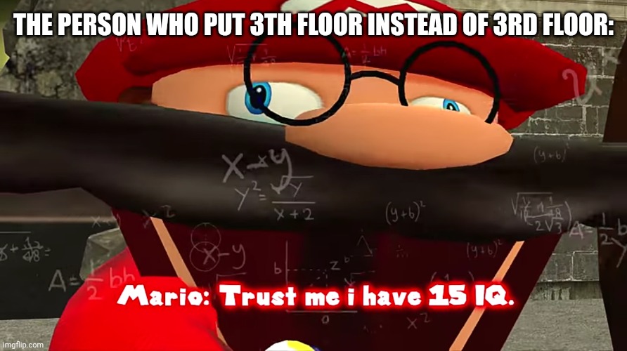 Trust me I have 15 IQ | THE PERSON WHO PUT 3TH FLOOR INSTEAD OF 3RD FLOOR: | image tagged in trust me i have 15 iq | made w/ Imgflip meme maker