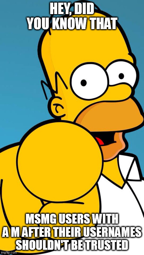 Homer Simpson pointing | HEY, DID YOU KNOW THAT; MSMG USERS WITH A M AFTER THEIR USERNAMES SHOULDN'T BE TRUSTED | image tagged in homer simpson pointing,memes,imgflip | made w/ Imgflip meme maker