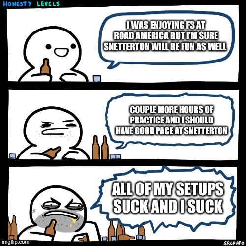 Honesty Levels | I WAS ENJOYING F3 AT ROAD AMERICA BUT I’M SURE SNETTERTON WILL BE FUN AS WELL; COUPLE MORE HOURS OF PRACTICE AND I SHOULD HAVE GOOD PACE AT SNETTERTON; ALL OF MY SETUPS SUCK AND I SUCK | image tagged in honesty levels,iRacing | made w/ Imgflip meme maker