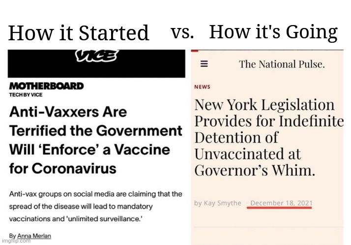 How it Started vs How it's Going... | vs.   How it's Going; How it Started | image tagged in forceful,vaccination,prison,wait thats illegal,democrat party,agenda | made w/ Imgflip meme maker