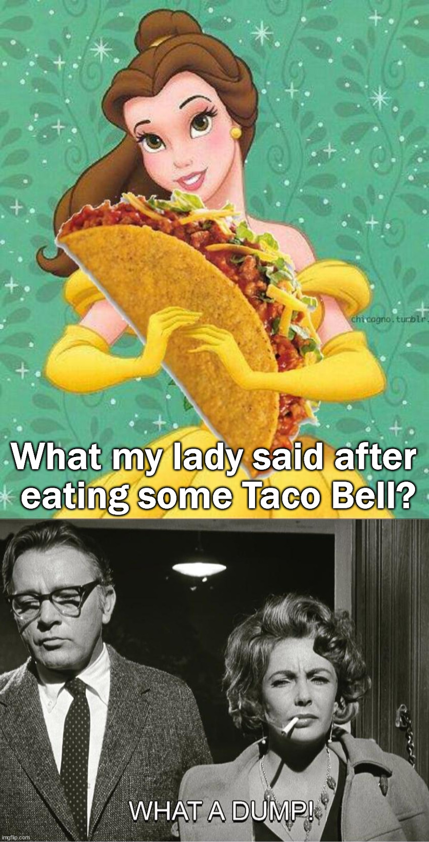 Yes, staying classy. | What my lady said after 
eating some Taco Bell? | image tagged in taco belle,dump,eating | made w/ Imgflip meme maker