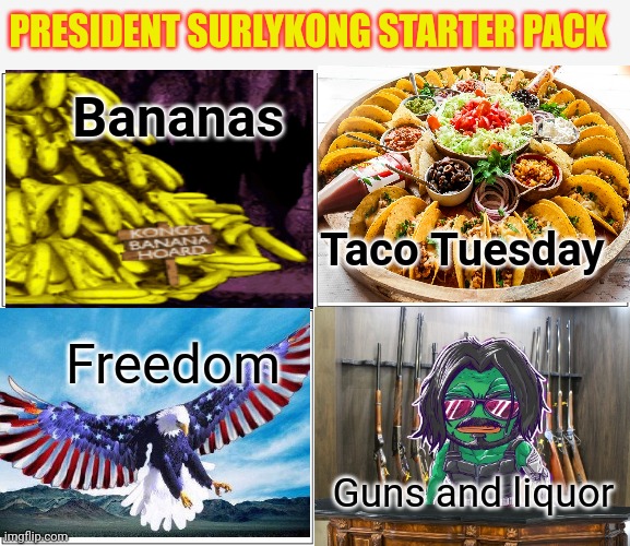 Vote monkee | PRESIDENT SURLYKONG STARTER PACK; Bananas; Taco Tuesday; Freedom; Guns and liquor | image tagged in memes,blank comic panel 2x2,vote,common sense,party | made w/ Imgflip meme maker