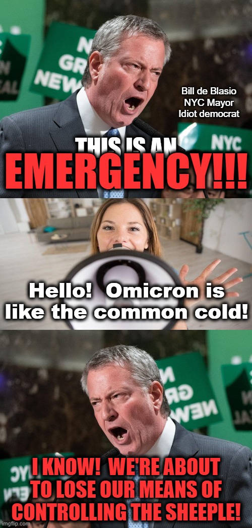 NYC right now | Bill de Blasio
NYC Mayor
Idiot democrat; THIS IS AN; EMERGENCY!!! Hello!  Omicron is like the common cold! I KNOW!  WE'RE ABOUT TO LOSE OUR MEANS OF CONTROLLING THE SHEEPLE! | image tagged in memes,coronavirus,covid-19,omicron,new york city,democrats | made w/ Imgflip meme maker